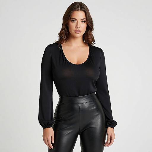 Photograph of a brunette woman with wavy hair, wearing a black long-sleeve top and black leather pants, standing against a white background.