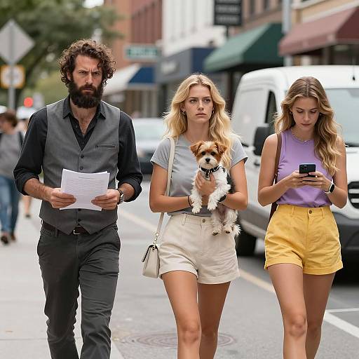 Three People Walking on City Street