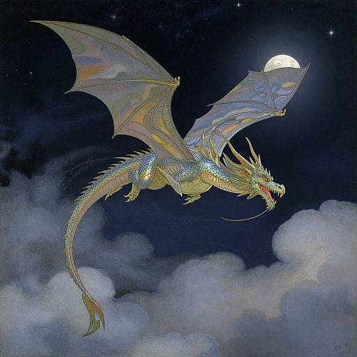 Digital illustration of a shimmering, iridescent dragon with large, translucent wings flying under a full moon in a starry night sky, surrounded by