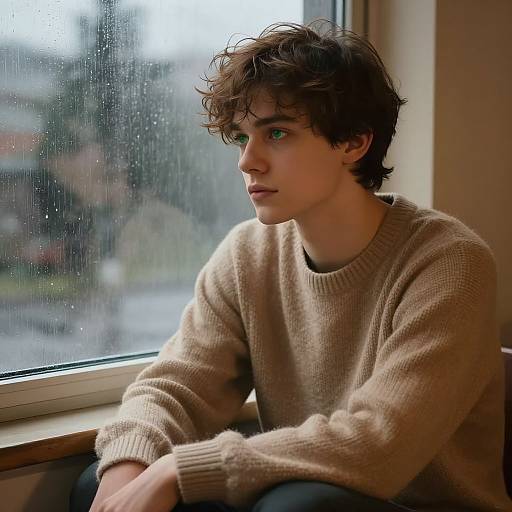 Photograph of a young man with curly brown hair, green eyes, and fair skin, wearing a beige sweater, sitting by a rainy window, g
