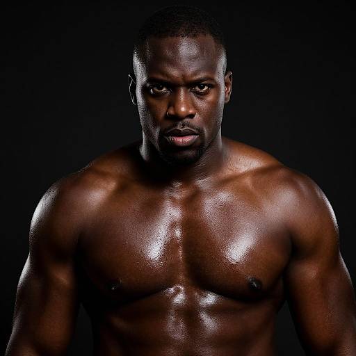 Photograph of a muscular, shirtless, dark-skinned man with glistening, oiled skin and intense gaze, set against a black background.