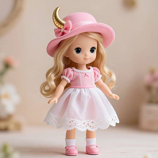 Photograph of a blonde doll with long curls, wearing a pink hat with a gold horn, pink dress, white lace skirt, and pink shoes,
