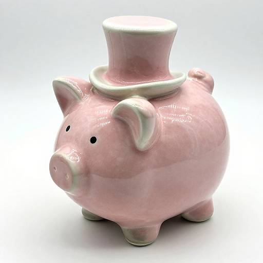 Photograph of a glossy pink ceramic piggy bank with a white-rimmed top, black eyes, and rounded ears, standing on four small legs