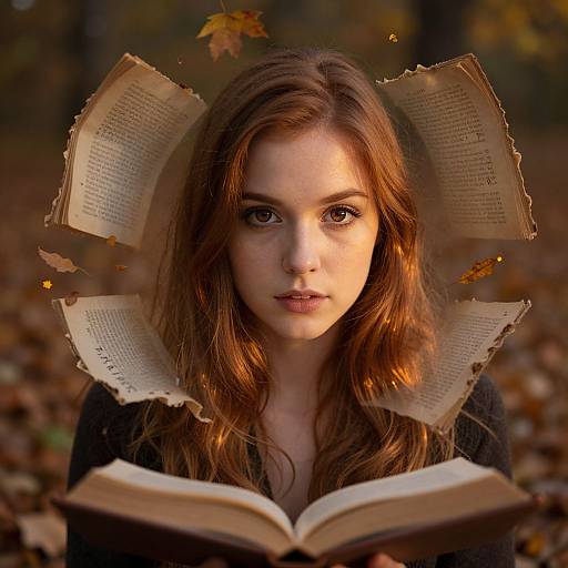 Photograph of a young woman with long brown hair, fair skin, and brown eyes, surrounded by floating, open book pages with autumn leaves, standing