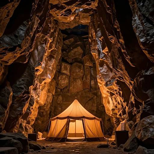 Photograph of a glowing yellow tent inside a rocky cave, illuminated by warm orange lights, creating a cozy, mysterious atmosphere.