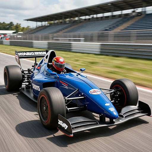 Photograph of a blue open-wheel Formula 1 race car with red helmet, 