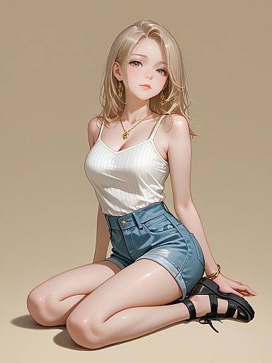 Digital anime-style illustration of a blonde, fair-skinned young woman in a white tank top and denim shorts, kneeling on a beige background, wearing black