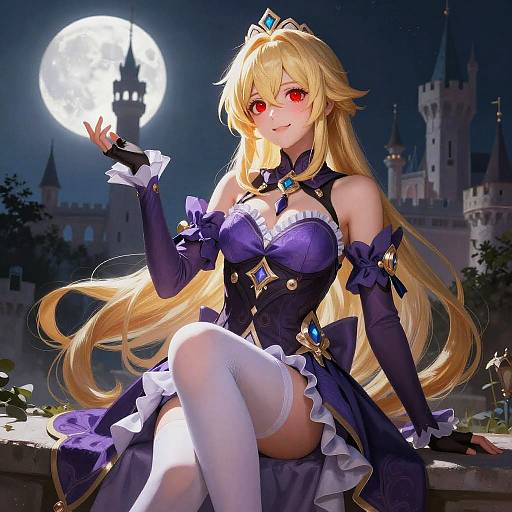 Fantasy Character in Purple Dress with Castle Background