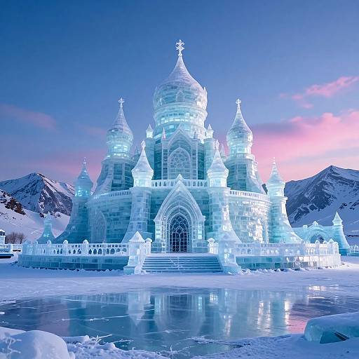 Photograph of an intricately carved, glowing blue ice castle with domed towers, set against snow-covered mountains and a pink-purple sky.