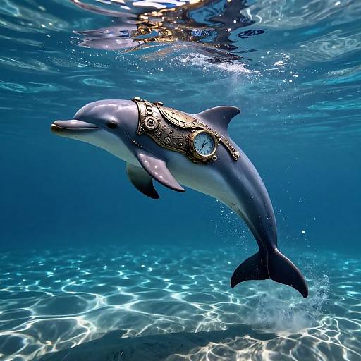 Photorealistic underwater photograph of a dolphin wearing an ornate, gold clock-like ornament on its forehead, swimming in clear, sunlit ocean water.