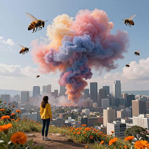 Photograph: Woman in yellow shirt and black pants stands on hill, watching colorful smoke cloud over buzzing bees and cityscape. Orange flowers in foreground.