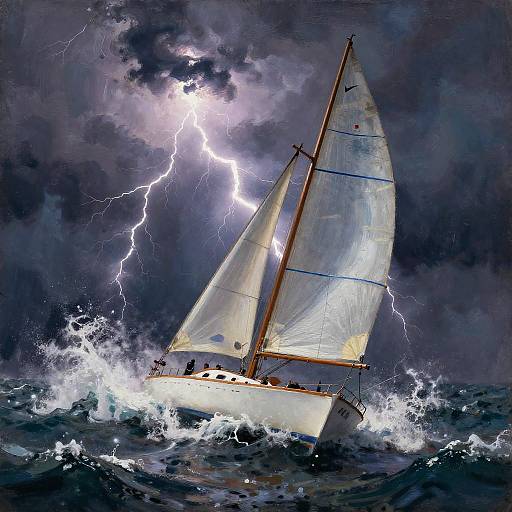 Dramatic painting of a white sailboat with lightning illuminating stormy, dark clouds. Waves crash violently against the boat's hull.