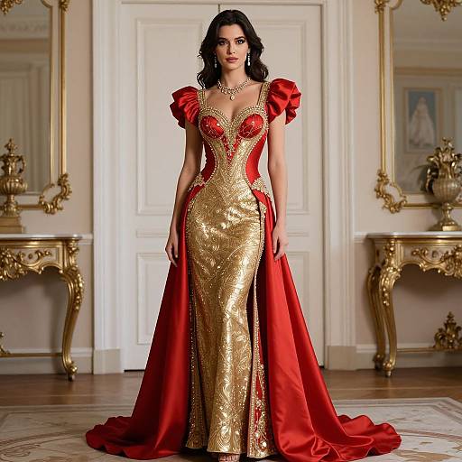 Photograph of a dark-haired woman in a gold and red, intricately patterned, form-fitting evening gown with puffed sleeves, standing in