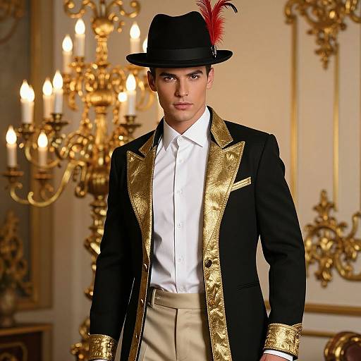 Photograph of a young man in a black Victorian-style suit with gold trim, white shirt, beige pants, black hat with red feather, standing in