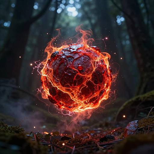 Fiery Red Energy Orb in Forest