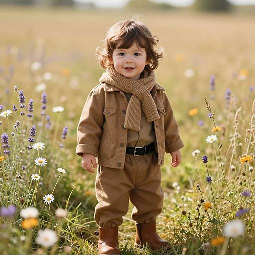 Photograph of a curly-haired toddler in brown outfit and scarf, standing in sunlit meadow with wildflowers, smiling brightly.