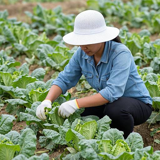 Photograph of an Asian woman in a white sunhat, blue denim shirt, black pants, white gloves, crouching in a kale field,