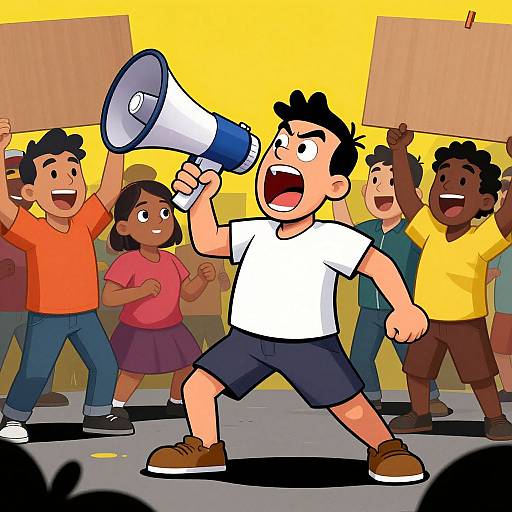 Cartoon image of diverse children, including a shouting boy with a megaphone, standing in a protest with signs, against a yellow background. Vibr