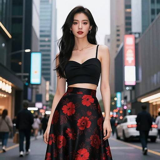 Photograph of an Asian woman with long black hair, wearing a black crop top and black floral skirt, standing confidently on a bustling city street with neon