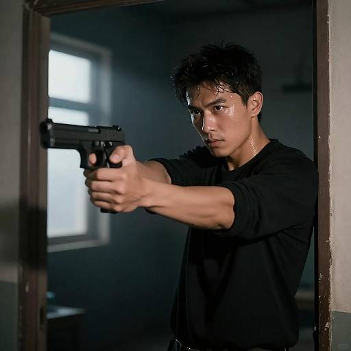 Dim Doorway Man Aiming Dual Handguns