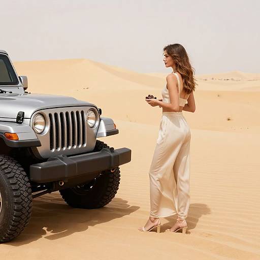 Chic Girl Gazing at Jeep in Sand