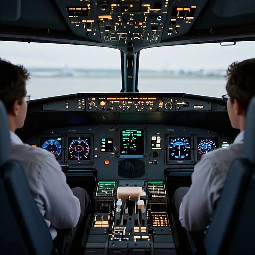 Photograph of two male pilots in a cockpit, wearing white shirts, facing instrument panels with illuminated screens and controls.