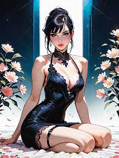 Elegant Woman in Black Lace Dress