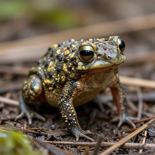 Close-up photograph of a vividly patterned, yellow and black-spotted toad with large, glossy eyes, sitting on brown forest soil.