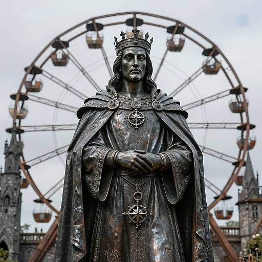 Photograph of a detailed bronze statue of a crowned king with ornate robes, holding hands, in front of a large Ferris wheel and Gothic-style