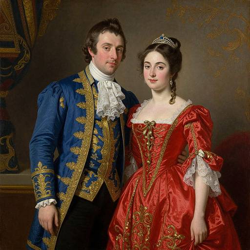 18th-century portrait of a Caucasian man in a blue and gold military coat, and a woman in a red, gold-embroidered gown,