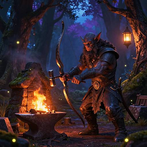 Fantasy forest scene: Orc blacksmith with horned helmet, leather armor, and intricate bow, forging by fiery forge under twilight, lanterns glowing