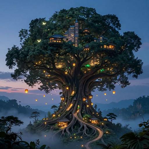 Fantastical digital artwork of a giant treehouse at twilight, adorned with glowing lanterns, nestled in a misty forest, with winding roots and