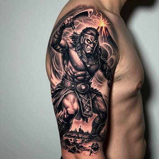 Muscular man's tattooed arm featuring a detailed, black-and-pink, mythological warrior with a flaming sword and ancient cityscape background. Phot