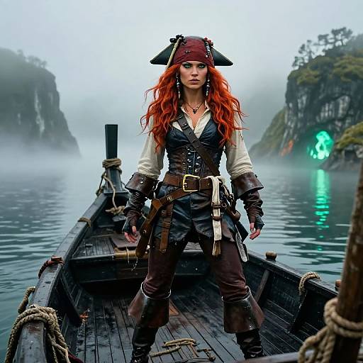Digital artwork of a fierce, red-haired pirate woman with a tricorn hat, standing on a misty wooden boat, surrounded by foggy cliffs.