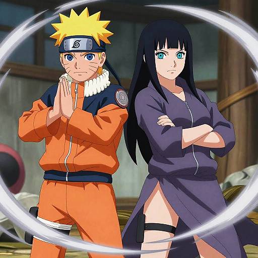 Anime-style digital drawing of Naruto with spiky blonde hair and orange outfit, and Hinata with long black hair in a purple dress, standing with crossed
