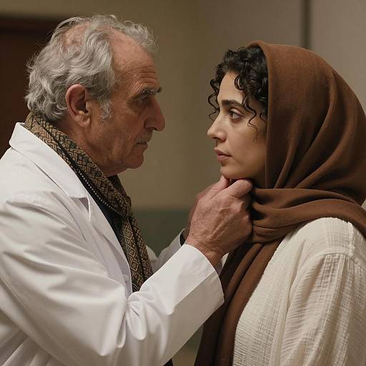 Older Man Holding Chin of Woman in Brown Headscarf