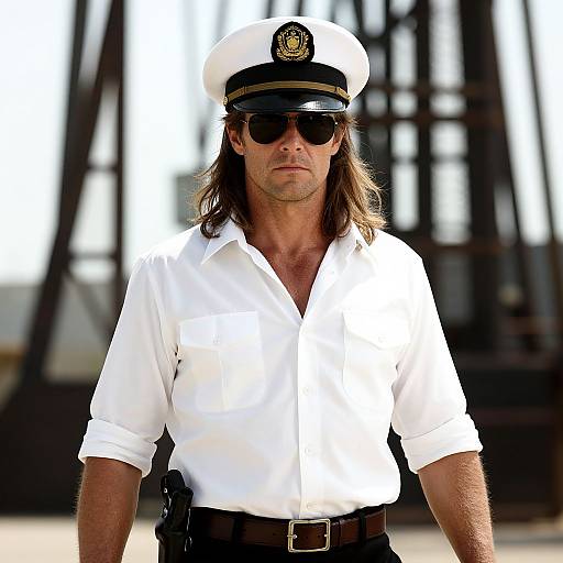 Photograph of a tall, long-haired man in a white naval uniform, black sunglasses, and white cap, standing against a blurred industrial background.