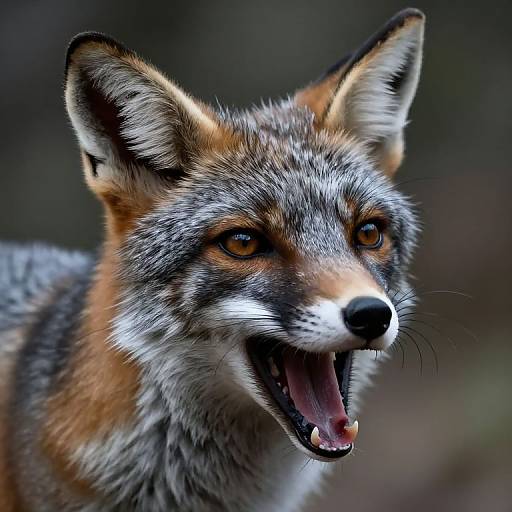 Close-up photograph of a fox with sharp brown eyes, orange and black fur, and an open mouth, displaying its pink tongue and white teeth, against