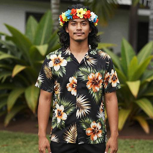 Photograph of a medium-skinned man with long black hair, wearing a black floral shirt and colorful flower headband, standing in front of lush green