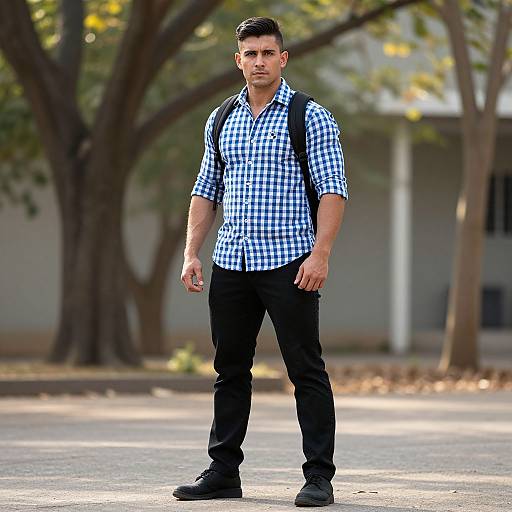 Photograph of a handsome man with short dark hair, wearing a blue and white checkered shirt, black pants, and black shoes, standing in a