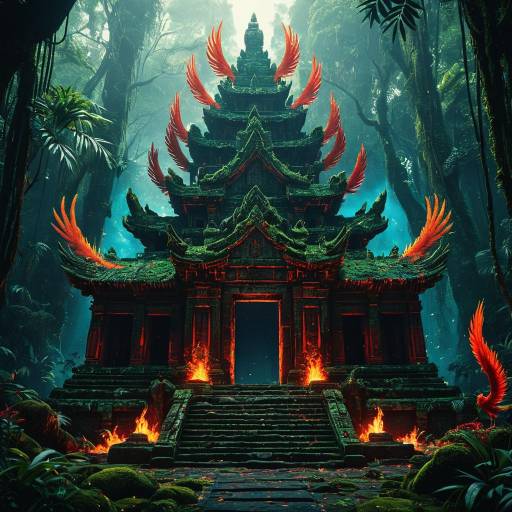 Ancient Moss-Covered Jungle Temple with Fiery Phoenix