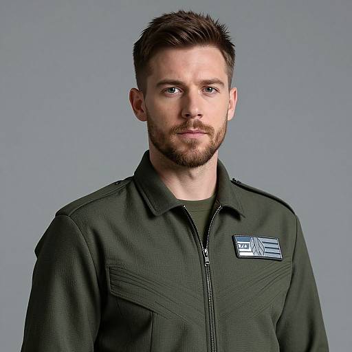 Photograph of a Caucasian man with short brown hair and beard, wearing a dark green, zip-up military-style jacket with a blue and white emblem on