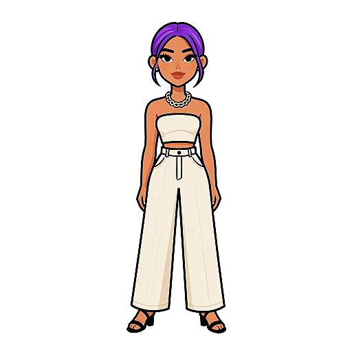 Digital illustration of a confident woman with purple hair, wearing a white strapless top, high-waisted pants, pearl necklace, and black sandals.