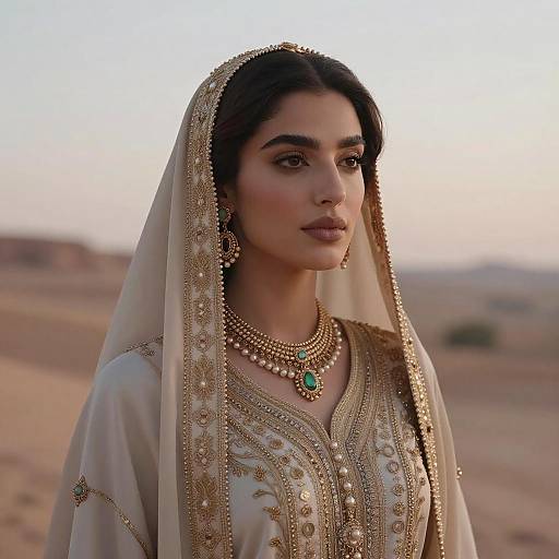 Photograph of a beautiful South Asian woman in traditional gold-embellished attire and veil, wearing intricate jewelry, standing in a desert at sunset.