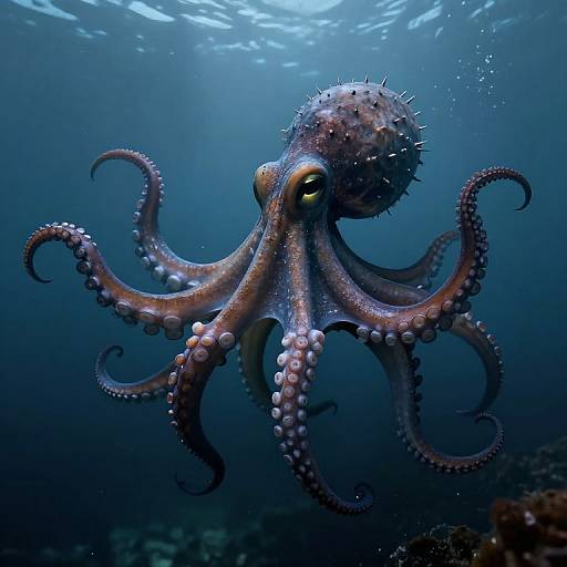 Photograph of a detailed, blue and brown octopus with spiky head and tentacles, swimming underwater in a deep blue ocean.