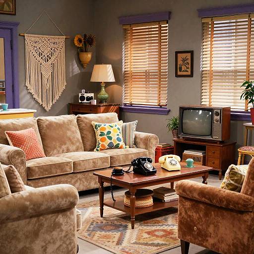 Cozy living room photograph: beige velvet sofas, colorful pillows, wooden coffee table, vintage TV, macramé wall hanging, sunlight through blinds.