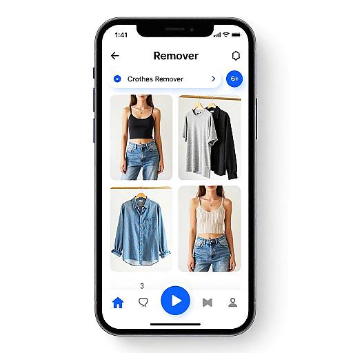 Photograph of a smartphone displaying a clothing app interface with four clothing items: black sleeveless top, white dress, blue shirt, and white tank top