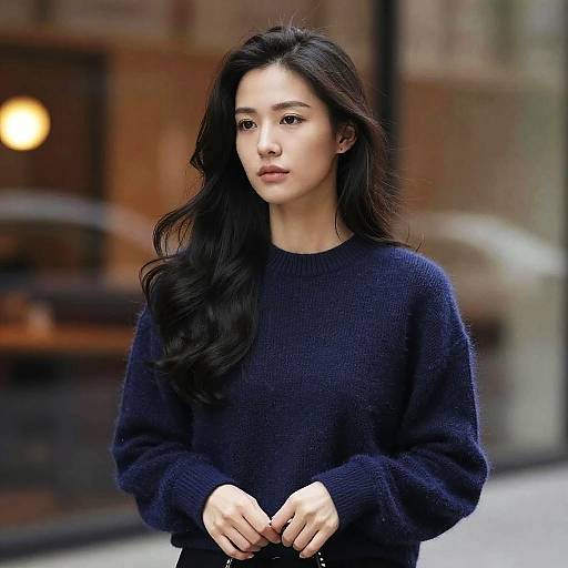 Photograph of an East Asian woman with long black hair, wearing a navy knit sweater, standing outdoors with a blurred urban background.
