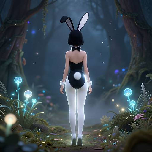 Digital art of a woman in a black bunny suit with white stockings, glowing tail, and black bunny ears, standing in a mystical, glowing forest.