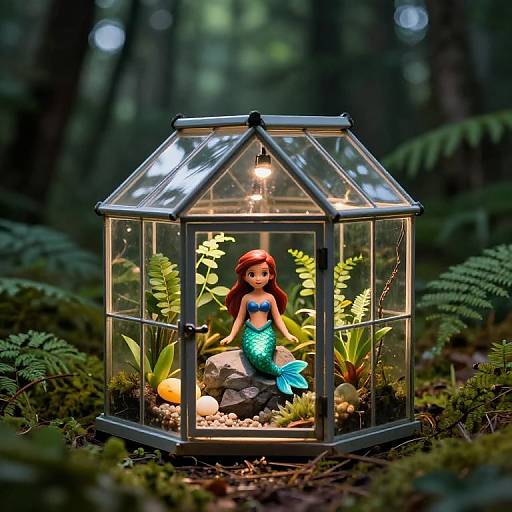 Photograph of a mermaid doll with green tail and red hair inside a glass greenhouse, surrounded by ferns and lights, set in a forest.